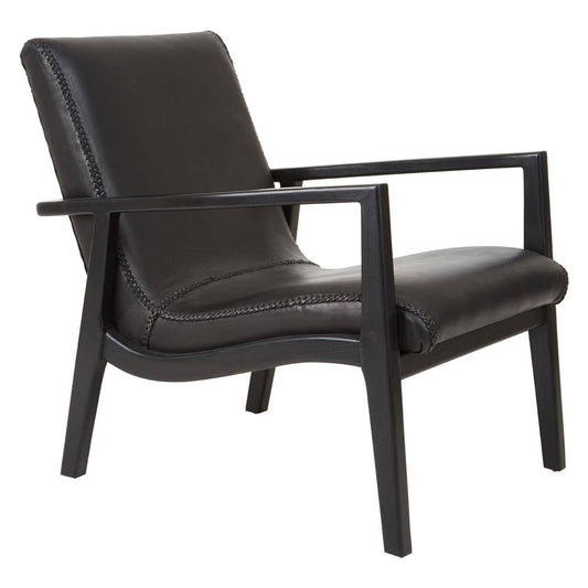 Kendari Black Leather and Teak Wood Armchair