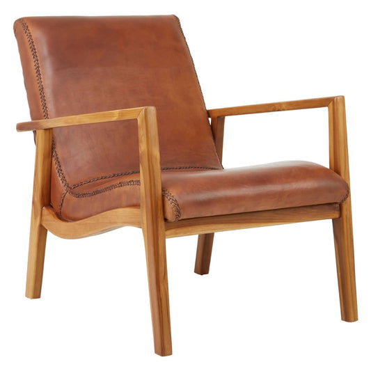 Kendari Brown Leather and Teak Wood Armchair