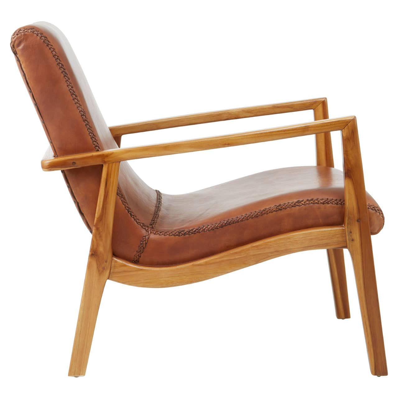 Kendari Brown Leather and Teak Wood Armchair