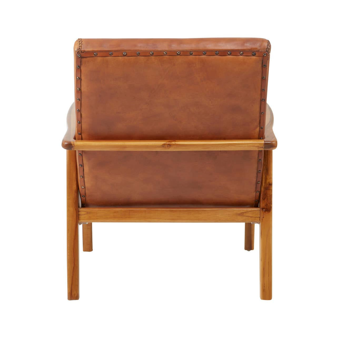 Kendari Brown Leather and Teak Wood Armchair