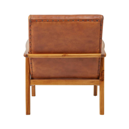 Kendari Brown Leather and Teak Wood Armchair