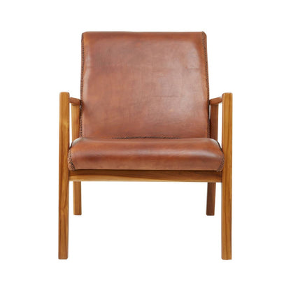 Kendari Brown Leather and Teak Wood Armchair