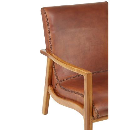 Kendari Brown Leather and Teak Wood Armchair
