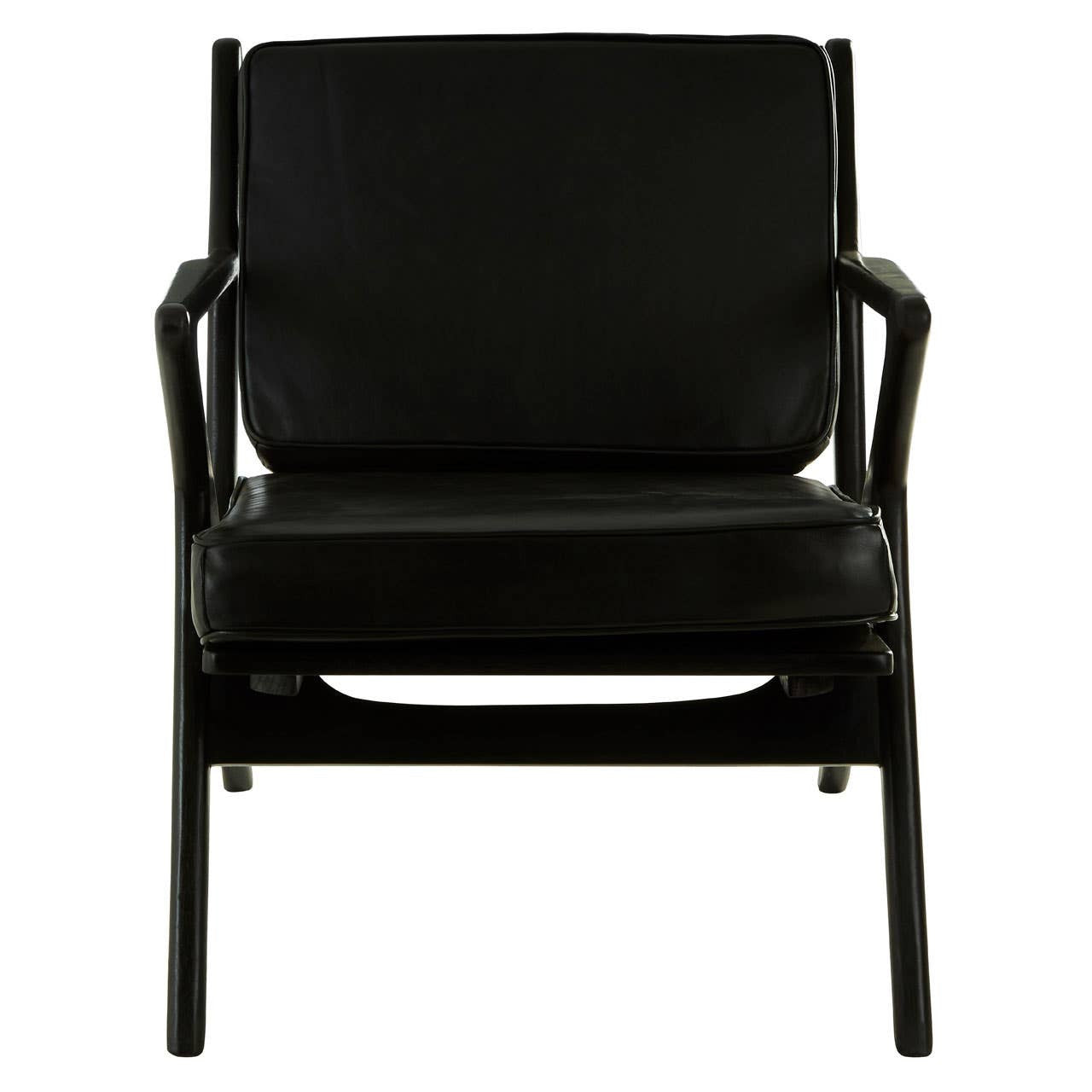 Kendari Black Leather and Teak Wood Frame Armchair
