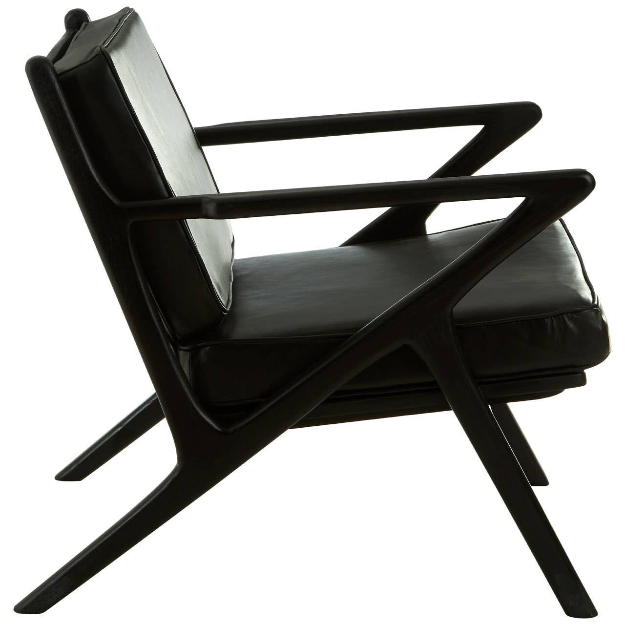Kendari Black Leather and Teak Wood Frame Armchair