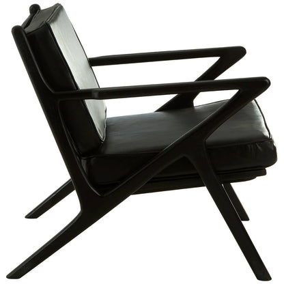 Kendari Black Leather and Teak Wood Frame Armchair