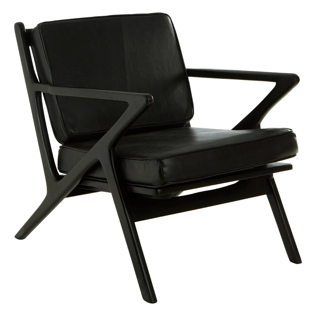 Kendari Black Leather and Teak Wood Frame Armchair