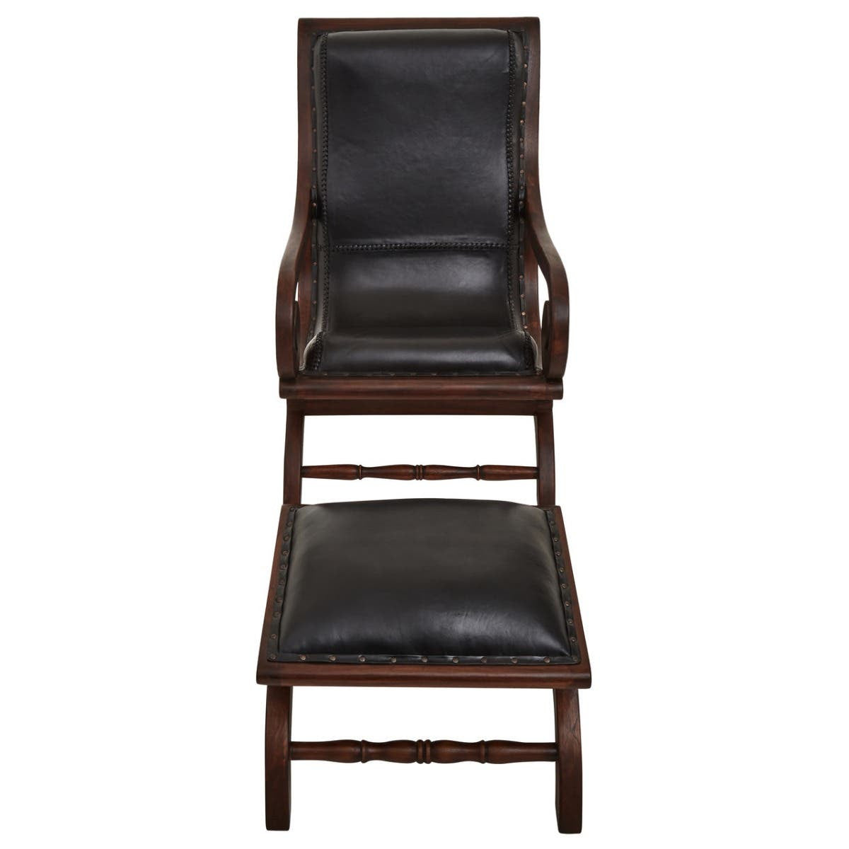 Inca Genuine Black Leather and Teak Lounge Chair with Footstool