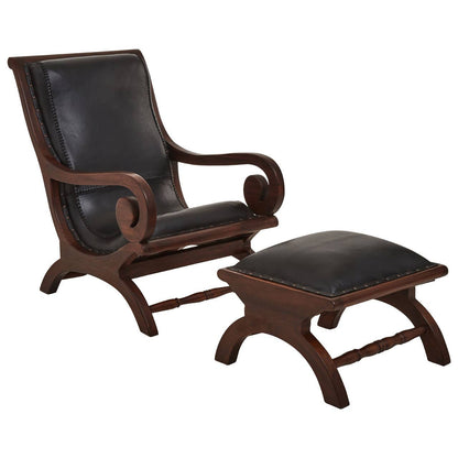 Inca Genuine Black Leather and Teak Lounge Chair with Footstool