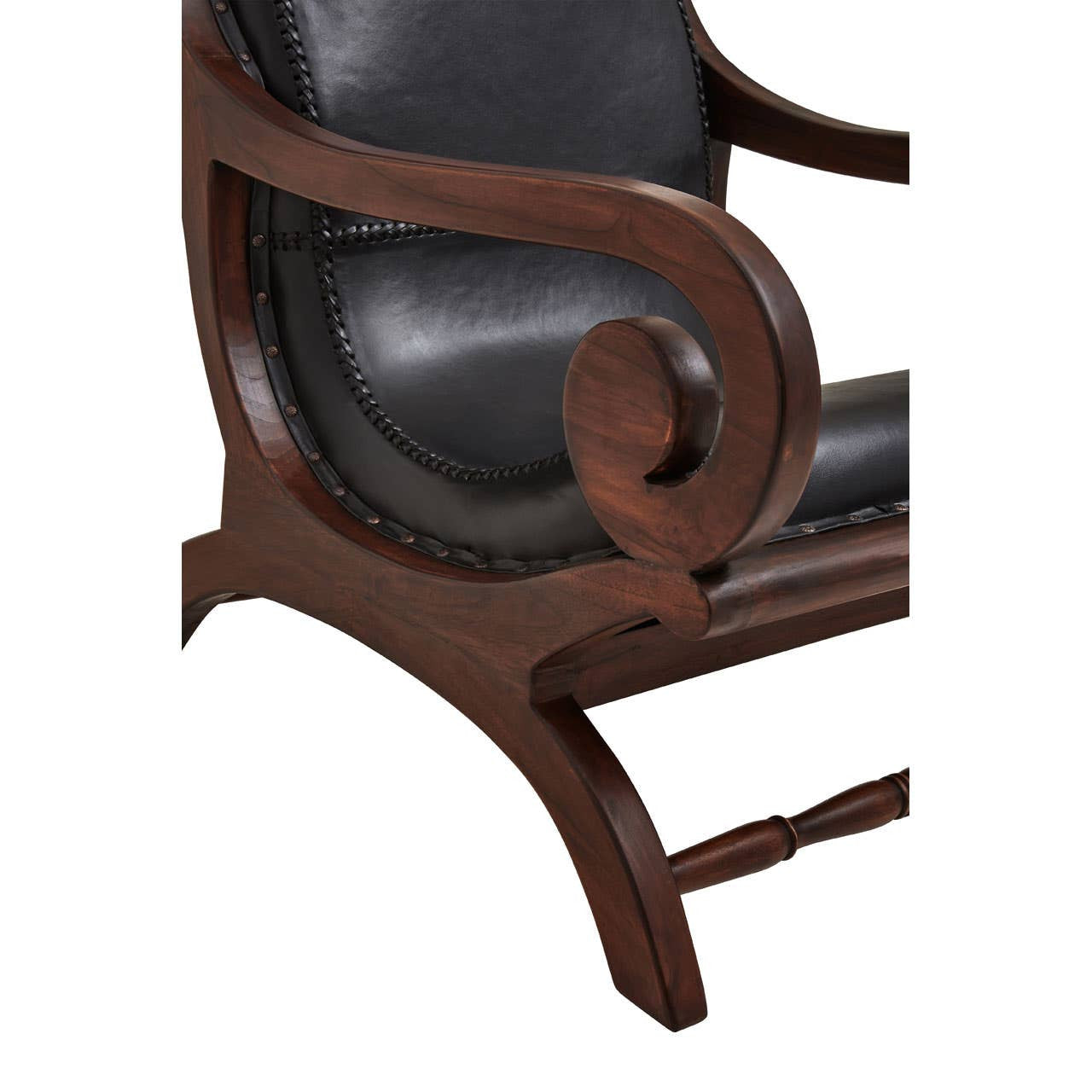 Inca Genuine Black Leather and Teak Lounge Chair with Footstool