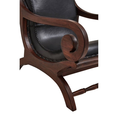 Inca Genuine Black Leather and Teak Lounge Chair with Footstool