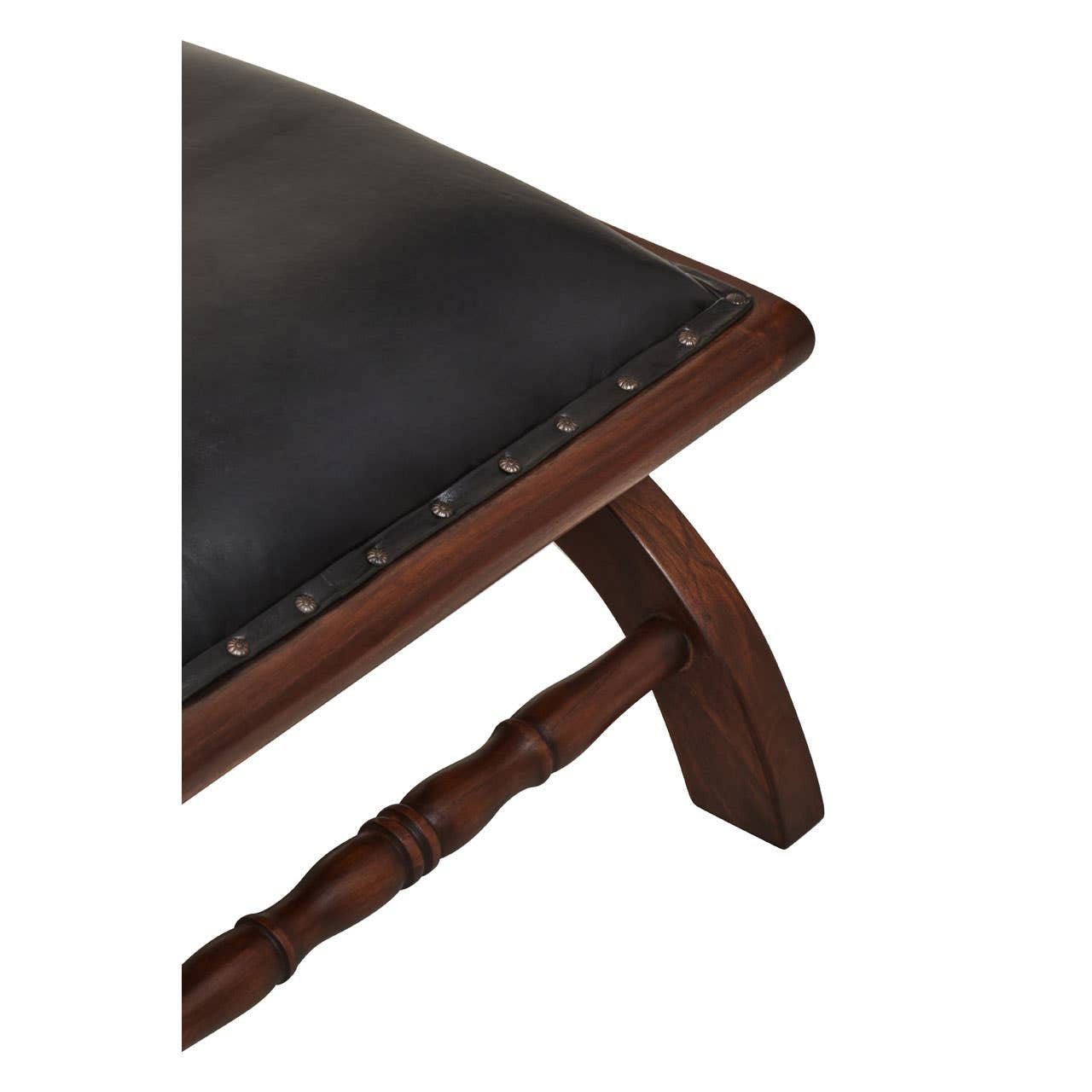 Inca Genuine Black Leather and Teak Lounge Chair with Footstool