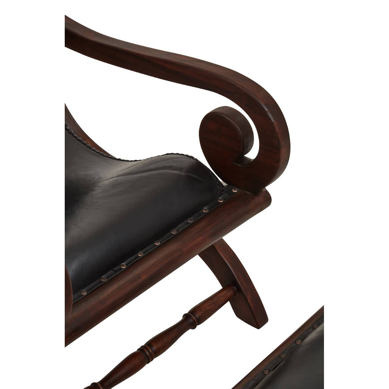 Inca Genuine Black Leather and Teak Lounge Chair with Footstool