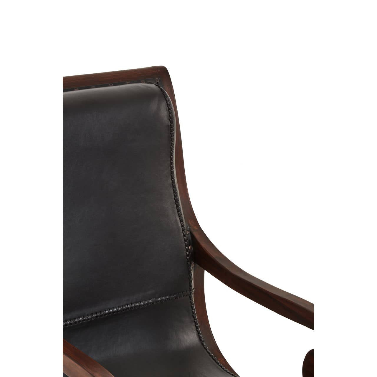 Inca Genuine Black Leather and Teak Lounge Chair with Footstool