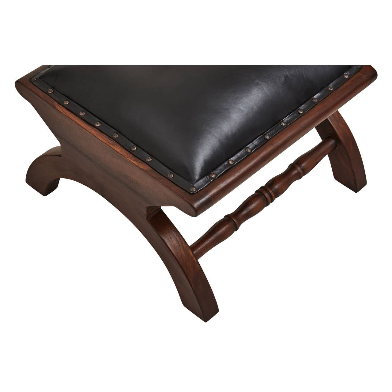 Inca Genuine Black Leather and Teak Lounge Chair with Footstool