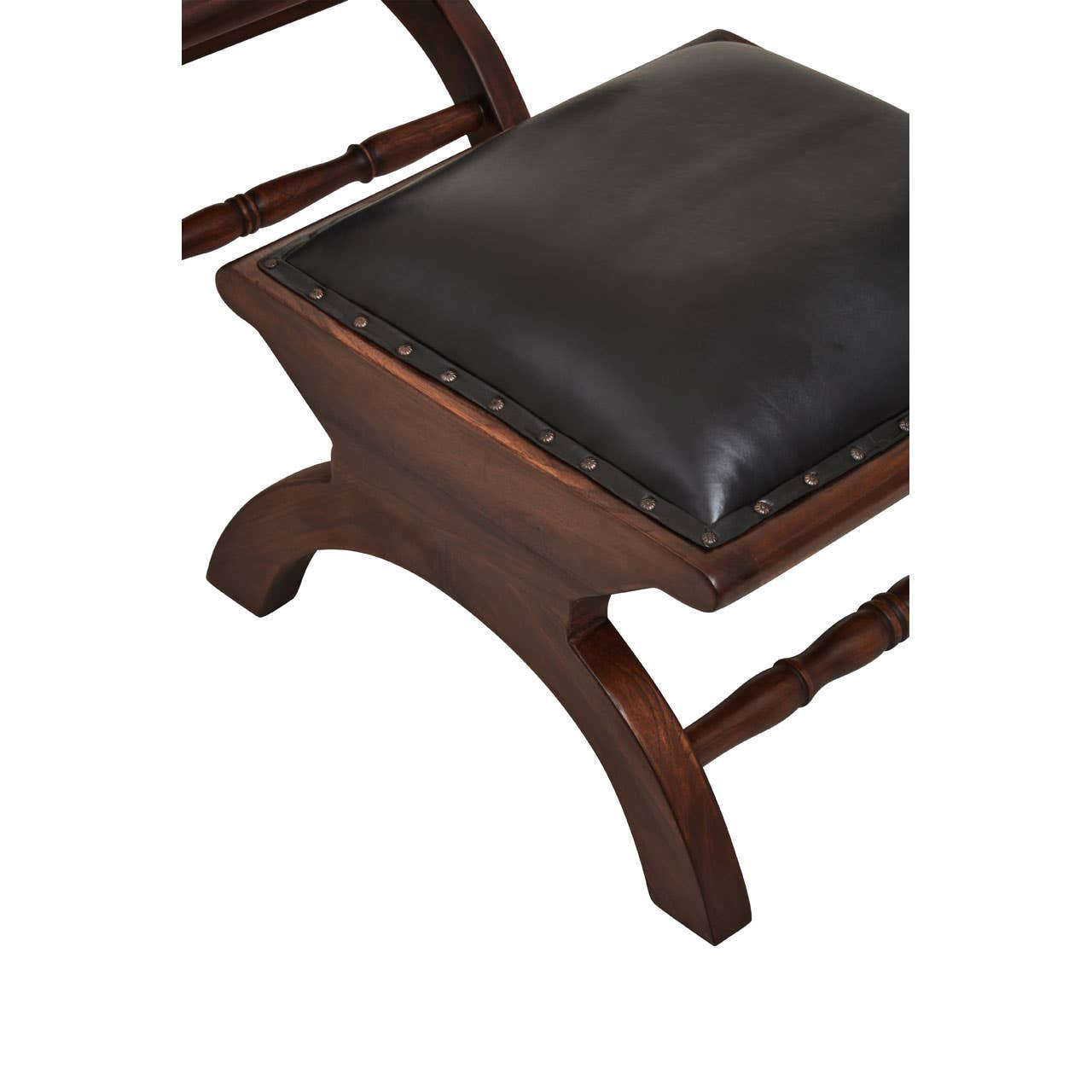 Inca Genuine Black Leather and Teak Lounge Chair with Footstool