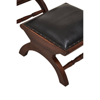Inca Genuine Black Leather and Teak Lounge Chair with Footstool