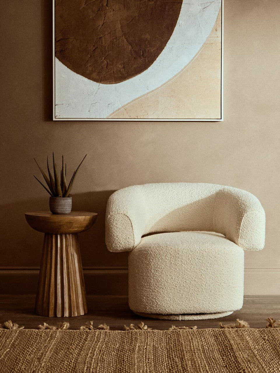 Oliveto Ivory Boucle Curved Revolving Armchair